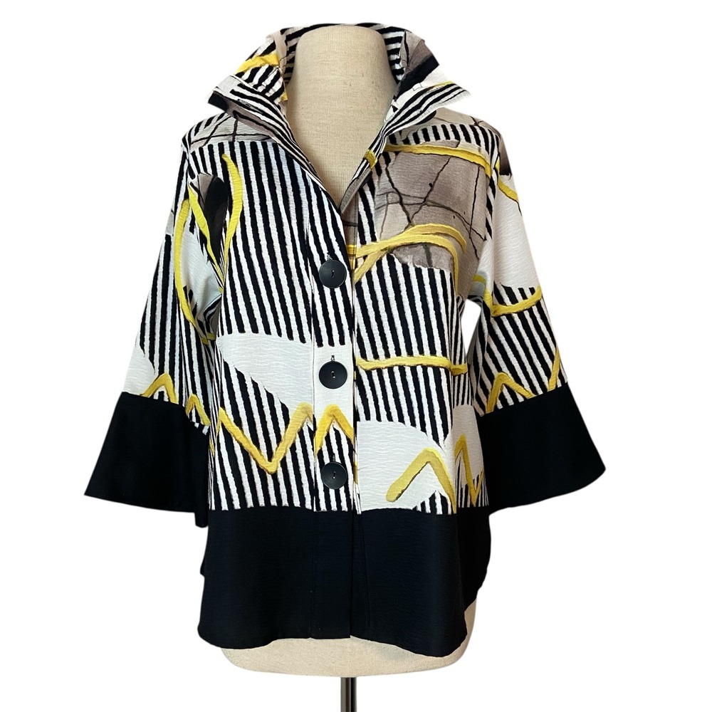 DAMEE Abstract Print Kimono Jacket Womens Sz S Black White Yellow Flare‎ Sleeve